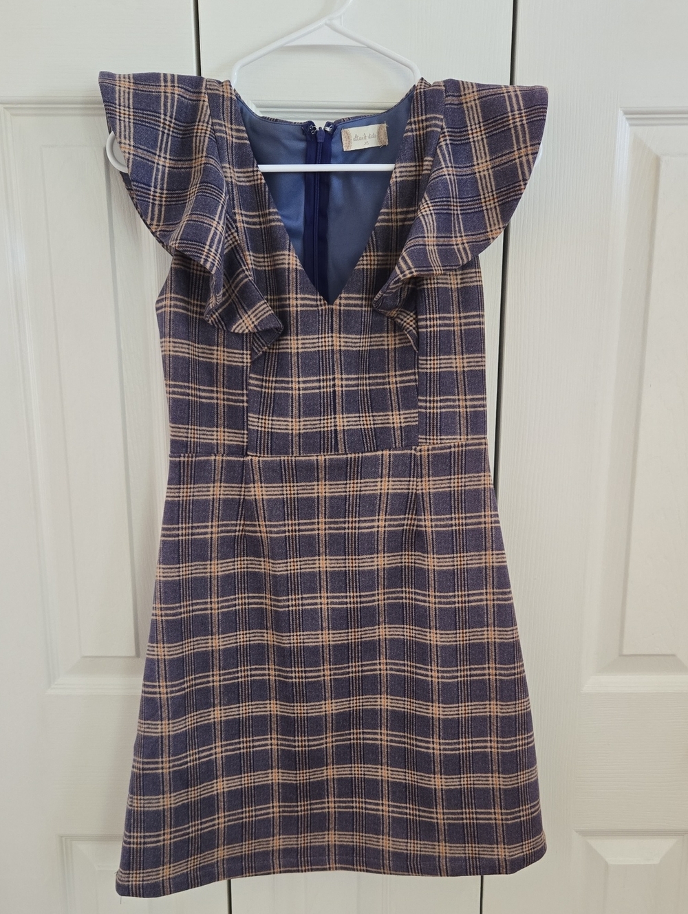 Altar'd State Plaid Ruffle-Shoulder Dress in Navy and Tan